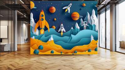 vibrant illustrated space adventure scene with rockets, planets, and alien landscape in a colorful c Wall mural