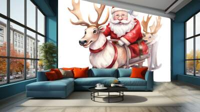 Watercolor Cute Santa Reindeer Sleigh Christmas Clipart Illustration Wall mural