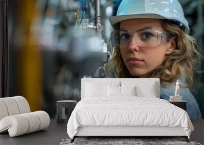 female engineer in a lab, working on robotics, wearing a safety helmet. focused expression. Wall mural