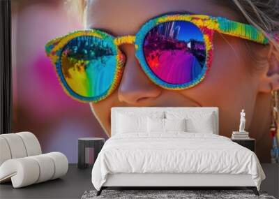 Vibrant Sunglasses and Smiles at a Colorful Festival Parade, Capture the Energy of a Festive Atmosphere with This Stunning Image The Blonde Woman's Sunglasses Reflect the Joy and Excitement of the Wall mural