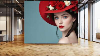 Woman in red hat with flowers Wall mural