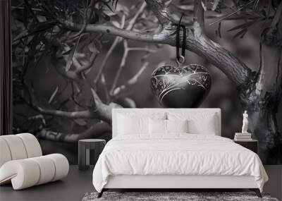 Black and white heart shaped bell hanging on the tree Wall mural