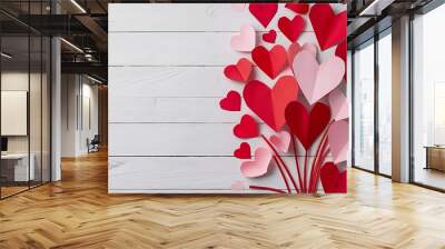 concept paper hearts over wooden white background flat lay Wall mural