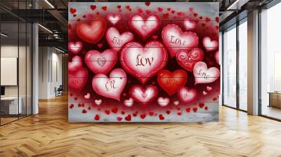 Hearts on wooden background Wall mural