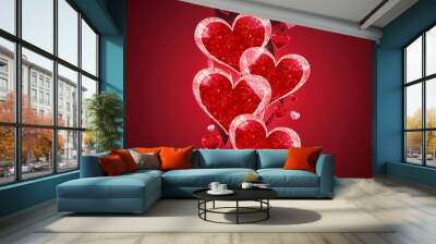 Love themed red background with heart shape glitter hearts in various sizes Wall mural