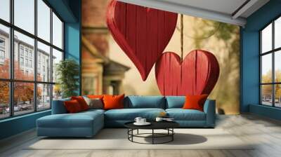 Two wooden red hearts hanging on a tree branch on vintage background Wall mural