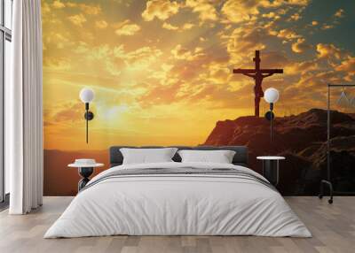 cross in the field at sunset with jesus christ christian Wall mural