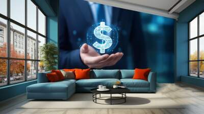 Cost saving concept, budget management and costs management. Economy recession economic cost savings. Businessman holding cost reduction icon on virtual screen Wall mural