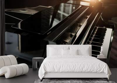 Black shiny grand piano with white keyboard in dark tone Wall mural