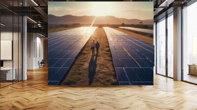 Aerial view over two technician walking for inspecting operation efficiency of solar panel energy production field solar farm in countryside area with sunset. Made with generative AI Wall mural