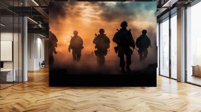 Silhouette photo group of military soldiers marching outdoor in battlefield patrol. Infantry army war battle marching dramatic light scene. Wall mural