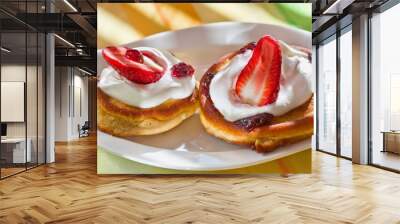 Pancakes on plate with strawberry Wall mural