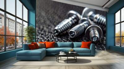 A bunch of metal screws on a black background. Metal screws background Wall mural