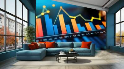 A close-up of a digital display showing a bar graph and line graph with a finger interacting with the data. Wall mural