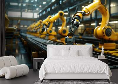 A factory setting with robotic arms diligently moving along a conveyor belt, efficiently handling materials. The automated arms showcase modern industrial technology at work in a manufacturing Wall mural