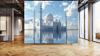 A Grand White Mosque Reflected in Still Water Wall mural