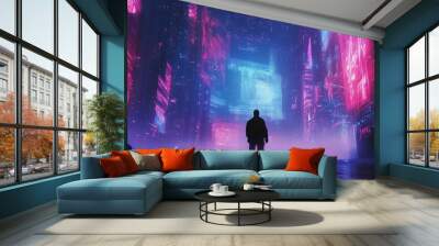 A lone figure stands in a futuristic city bathed in pink and blue neon lights Wall mural