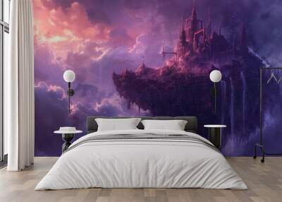 A Majestic Floating Castle Amidst a Purple Cloudy Sky Wall mural