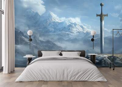 A Majestic Sword Stands Tall Against a Snowy Mountain Range Wall mural