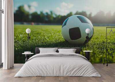 A Soccer Ball Resting on a Lush Green Field Wall mural