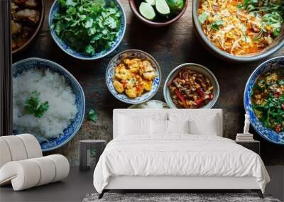 A Table Spread with Various Thai Dishes and Garnishes Wall mural