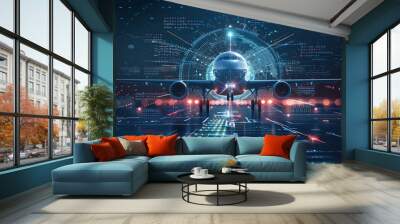 abstract background of futuristic technology screen scan flight radar airplane route path with scan interface hud Wall mural