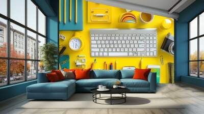 Bright and Colorful Office Desk with Computer, Smartphones, and Art Supplies Wall mural