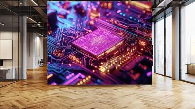 Close-up of a glowing circuit board with a central processor chip. Wall mural