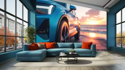 closeup, front angle, Blue compact SUV car with sport and modern design parked on concrete road by sea beach at sunset. New shiny SUV car drive for travel on summer vacations with road trip.  Wall mural