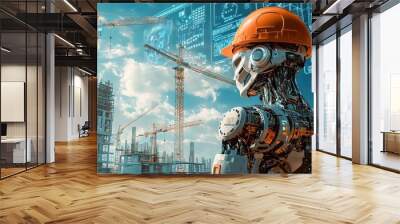 Construction Robot with Hard Hat Overlooking Building Site Wall mural