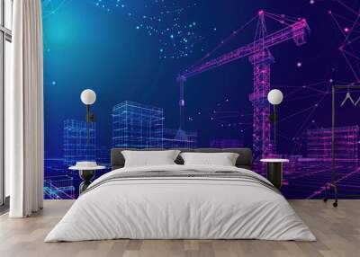 Construction. Polygonal wireframe building under crune on dark blue night sky with dots, stars. Construction, development, architecture or other concept illustration or background Wall mural