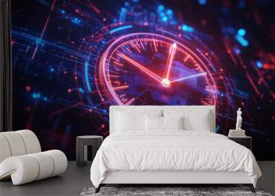 Digital Clock with Glowing Red and Blue Lines Wall mural