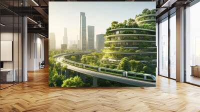 Eco-Friendly Cityscape with Green Building and Monorail Train Wall mural