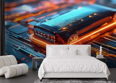 Futuristic Black Car with Orange Neon Lights on a Metallic Surface Wall mural