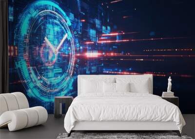 Futuristic Clock with Glowing Lines and Digital Interface Wall mural