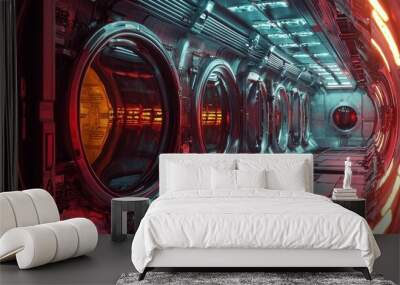 Futuristic Spaceship Interior with Illuminated Panels and Circular Windows Wall mural