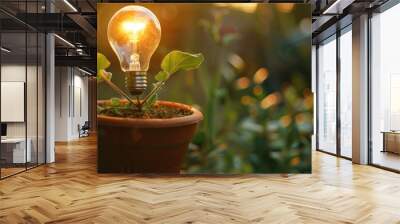 Lightbulb in a flower pot with green leaves growing out of it, symbolizing the concept of an idea taking root and growing. Wall mural