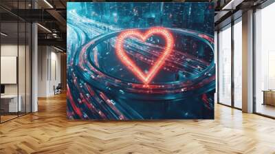 Neon Heart Over City Highway At Night Wall mural