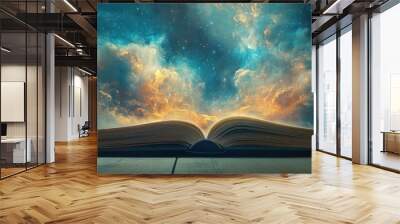 Open Book Revealing a Starry Night Sky with Clouds Wall mural