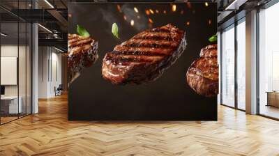 Three Perfectly Grilled Steaks with Basil and Smoke in the Air Wall mural