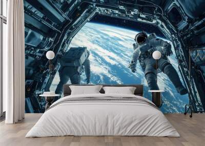 Two Astronauts Floating Outside A Spacecraft With Earth In The Background Wall mural