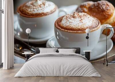 Two Cups of Cappuccino with Whipped Cream and a Pastry on a Silver Tray Wall mural