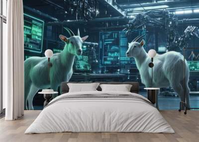 Two White Goats in a Futuristic Cybernetic Laboratory Wall mural