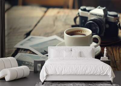 Vacation memories photos camera Polaroid and a cup of coffee on wodden desk Travel concept Wall mural