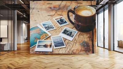 Vacation memories photos camera Polaroid and a cup of coffee on wodden desk Travel concept Wall mural