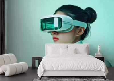 Woman Wearing a White VR Headset Against a Green Background Wall mural