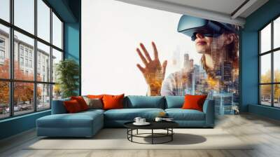 Woman wearing VR headset with cityscape overlay Wall mural