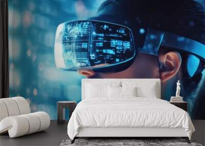 Woman Wearing VR Headset With Digital Interface Wall mural