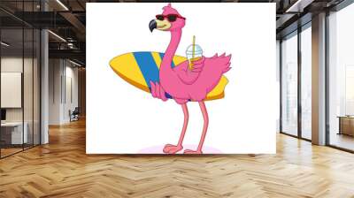 cute flamingo cartoon carrying a surfboard Wall mural