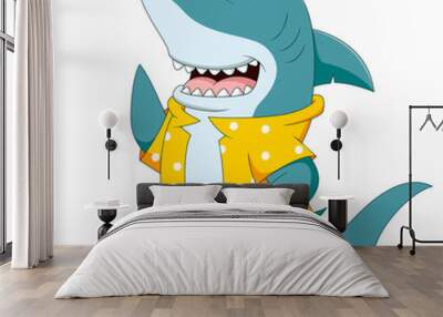 Cute shark cartoon in glasses and beach shirt Wall mural